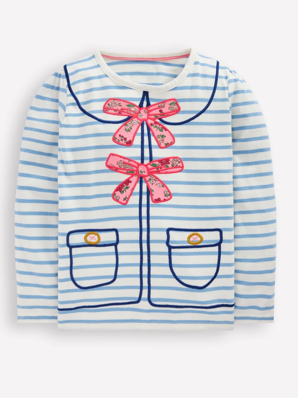 Mini Boden Girls Puff Sleeve Appliqué Cotton T- Shirt Soft Ivory/Glacier 8-9 NWT